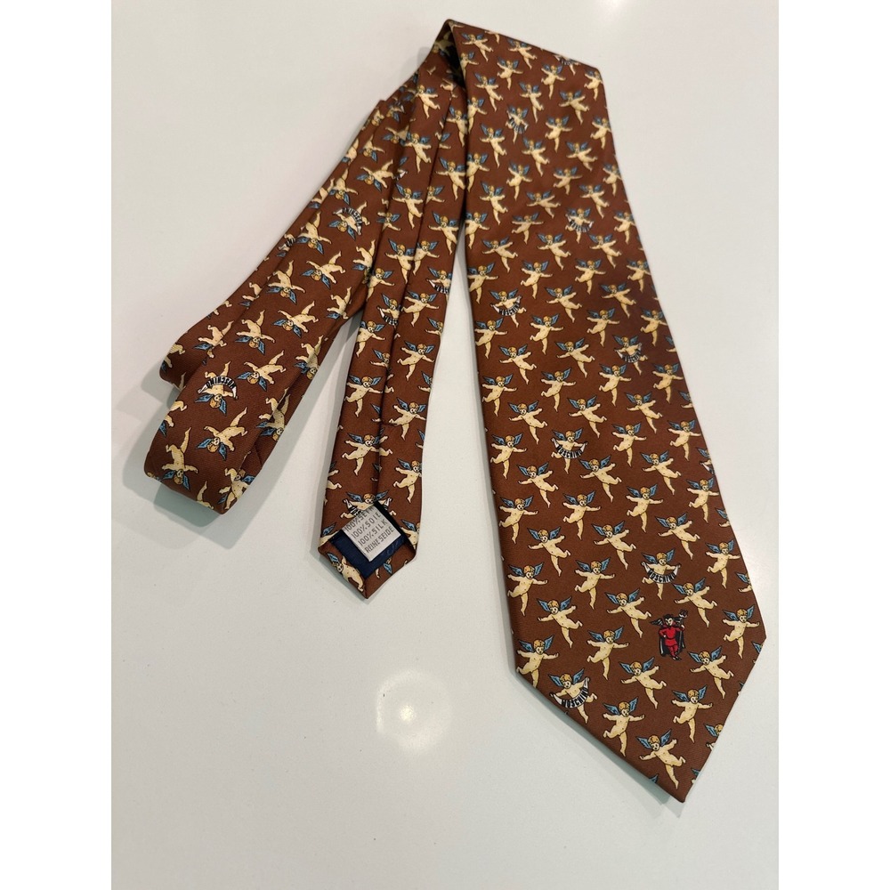 Moschino Mens Silk Tie RARE Brown Cherub Angel Devil Print Made in Italy Vintage